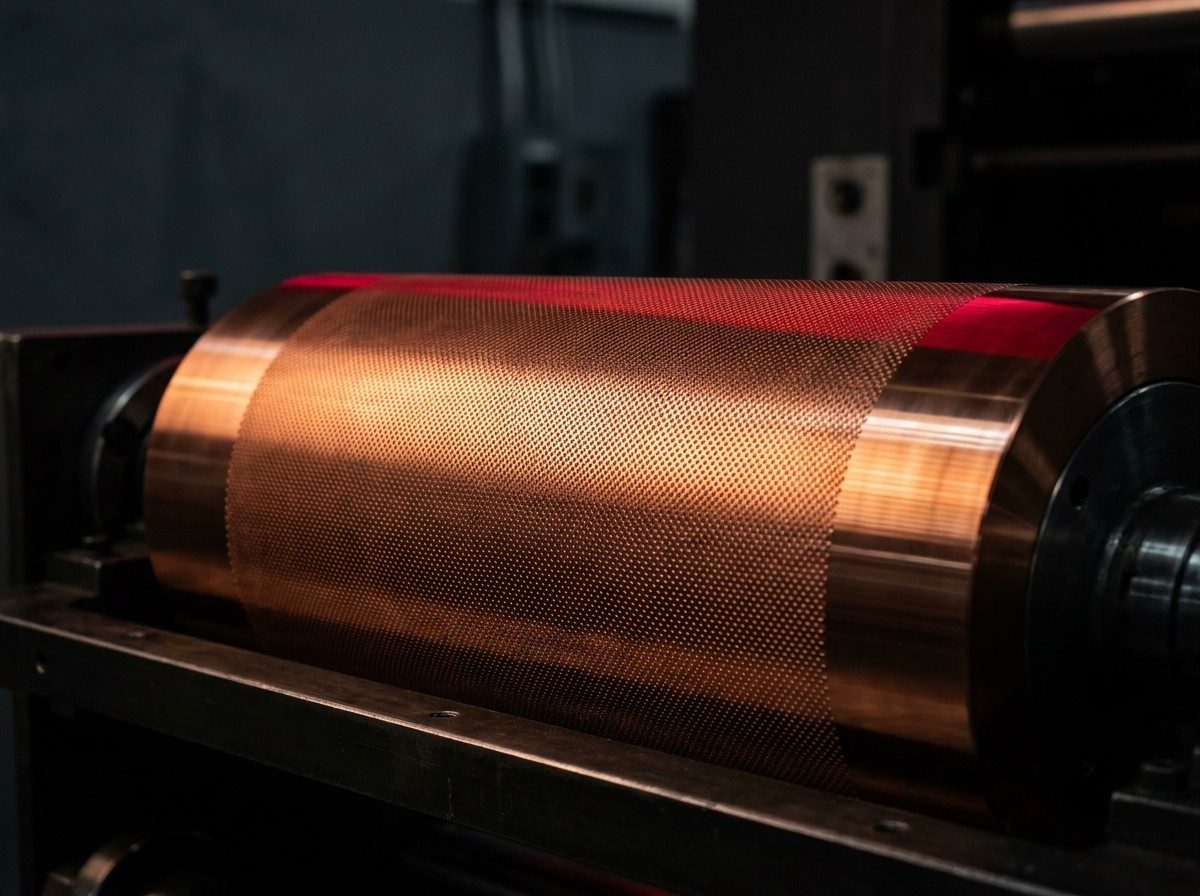 An engraved copper rotogravure printing cylinder on the press